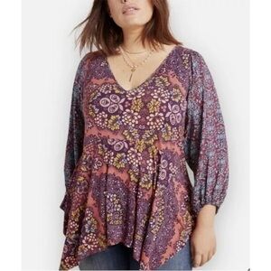 Maeve Anthropologie Summerset Boho Floral Blouse Mixed Print Handkerchief Hem M